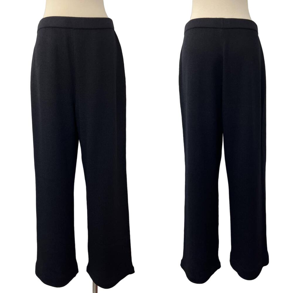 St. John Basics Knit Pull-On Pants Wide Leg Flat Front Santana Wool Black 10